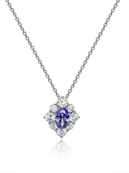 Mo Sang Lan [P 0760] 925 Sterling Silver High Carbon Diamond Blue Flower Luxury Necklace